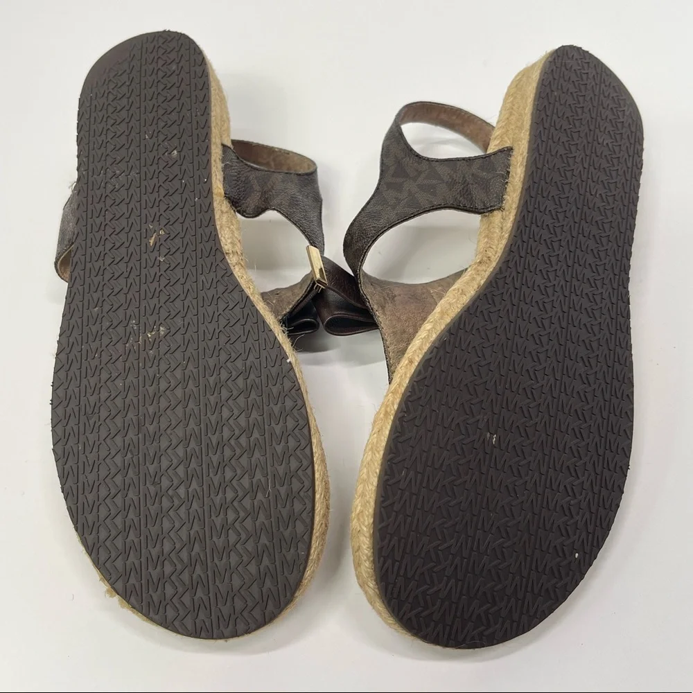 Michael Kors Espadrille Thongs Sandals Gold Brown Bow Flat Sandal Boho Vacation